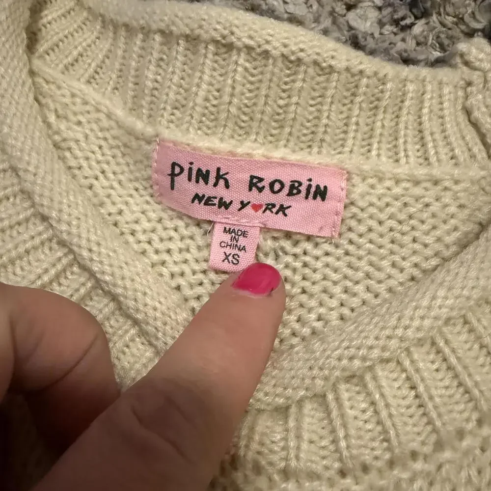 Pink Robin Cable Knit Colorblock Sweater Scalloped Hem XS